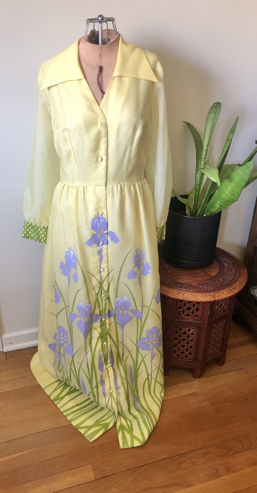 Vintage 70’s Yellow Shaheen Dress With Purple Screen Printed Irises