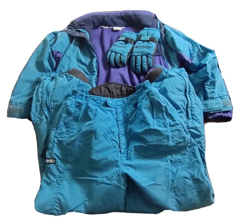 VTG Columbia Bugaboo 3-n-1 Ski Jacket & Pant Set w/ Gloves TealPurpleBlack Sz L