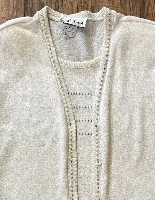 Vtg N Touch Women’s Size L Ivory Cardigan Sweater Short Sleeve W/Shoulder Pads