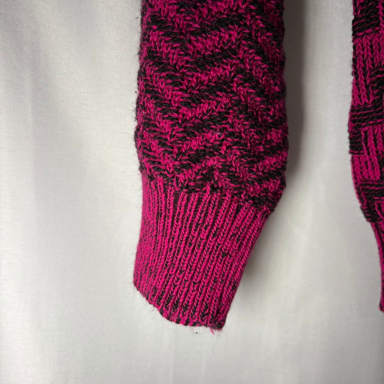 Vintage Lerner Magenta Pink Black Geo Patchwork Heavy Knit Sweater Mock Neck