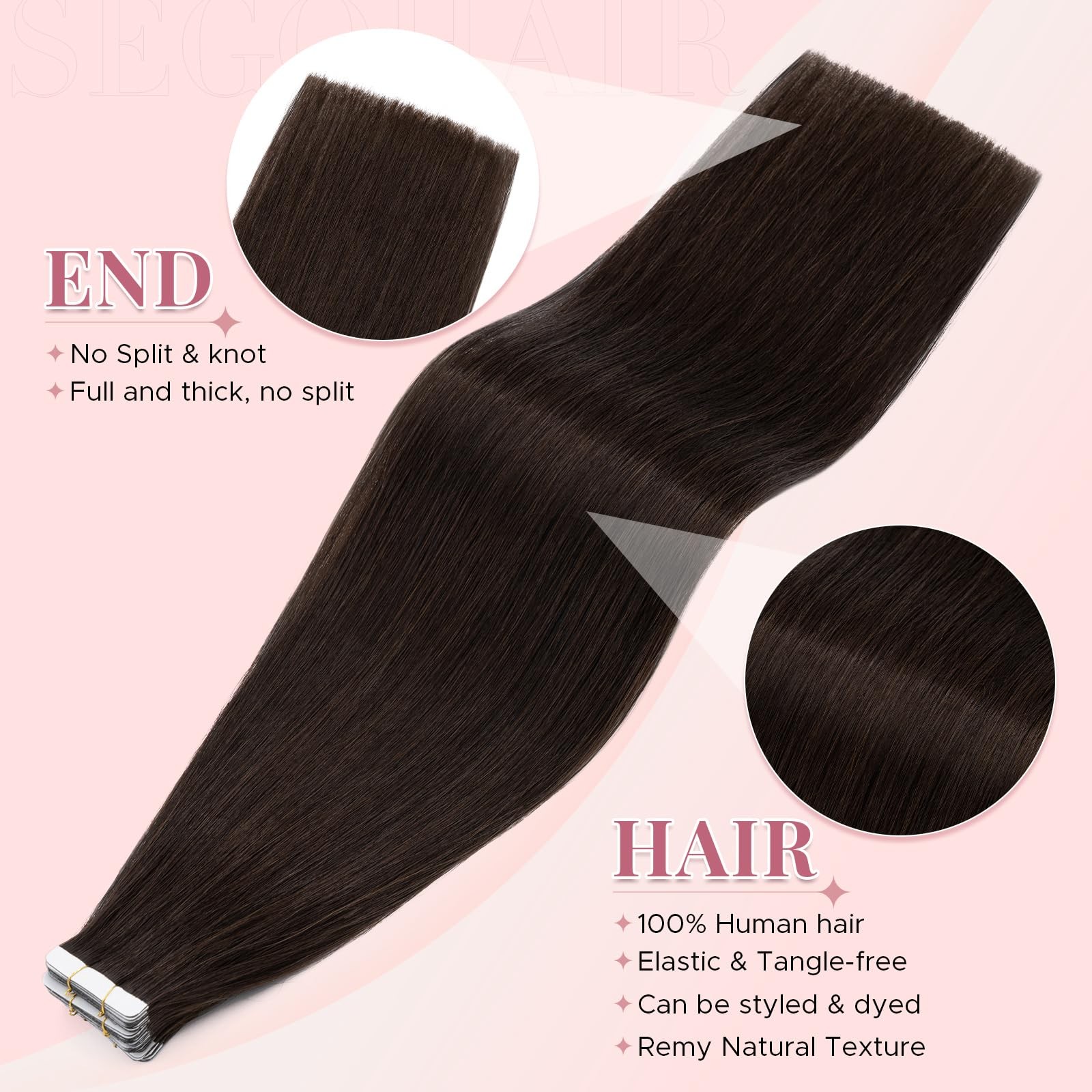 SEGOHAIR Straight Tape-In Hair Extensions Human Hair Double-Sided Adhesive Remy