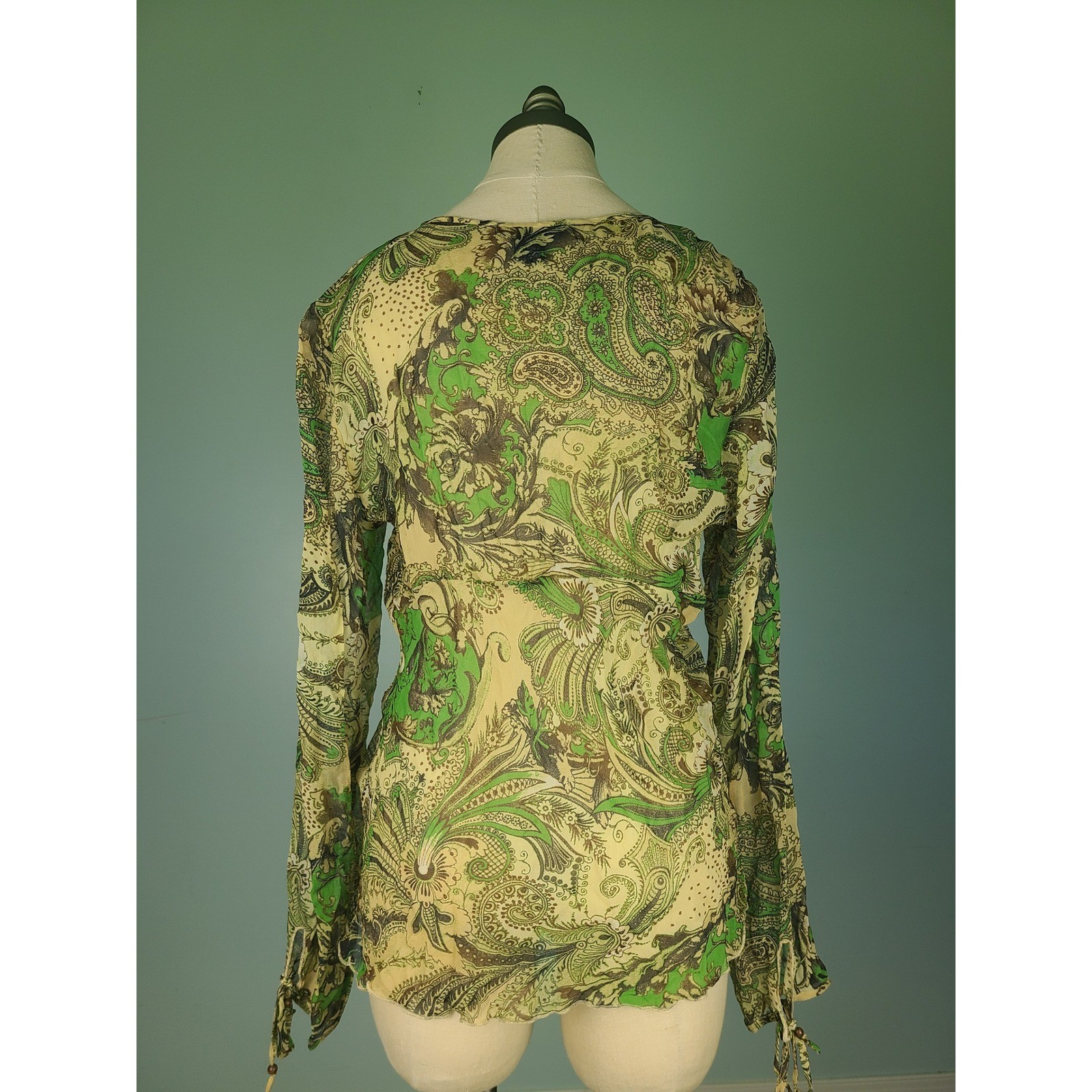 VTG Karen Kane XL 100% Silk Babydoll Top Green Paisley Fairycore Whimsical 70s