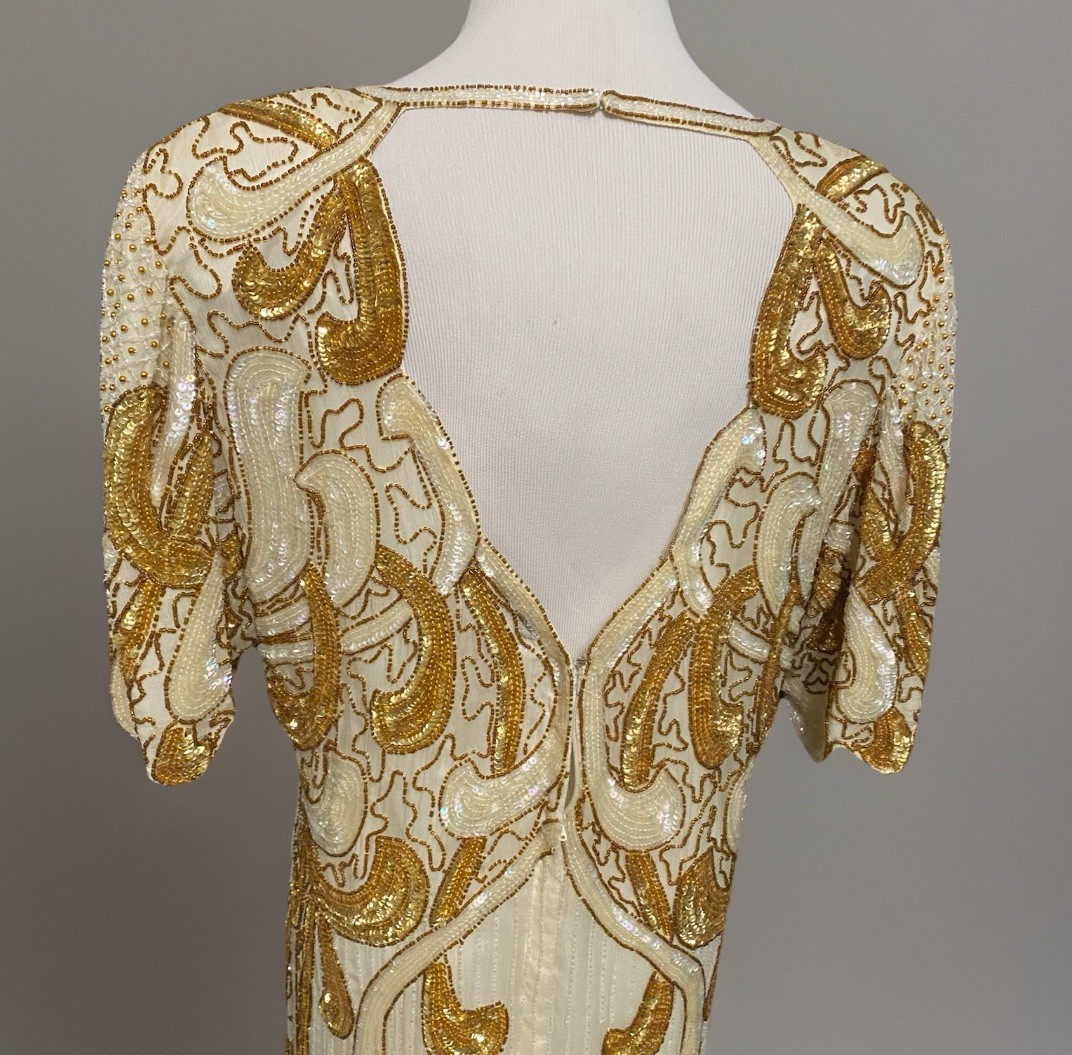 Vintage 1980s does 1920s Dress Flapper Style Heavily Beaded Silk Ivory Gold
