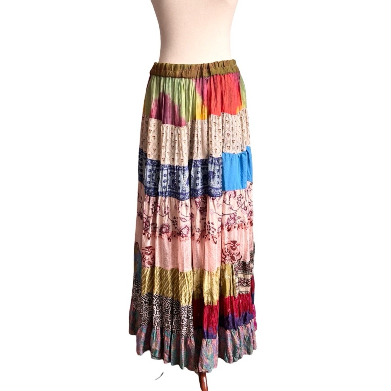 Vintage Silk Tangibles Patchwork Multi-Color Tiered Maxi Skirt M Boho Ren Fair