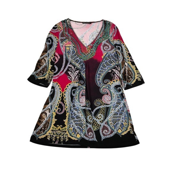 Mechant Paisley Beaded Tunic Top Womens Small Multicolor Excellent Boho V-Neck