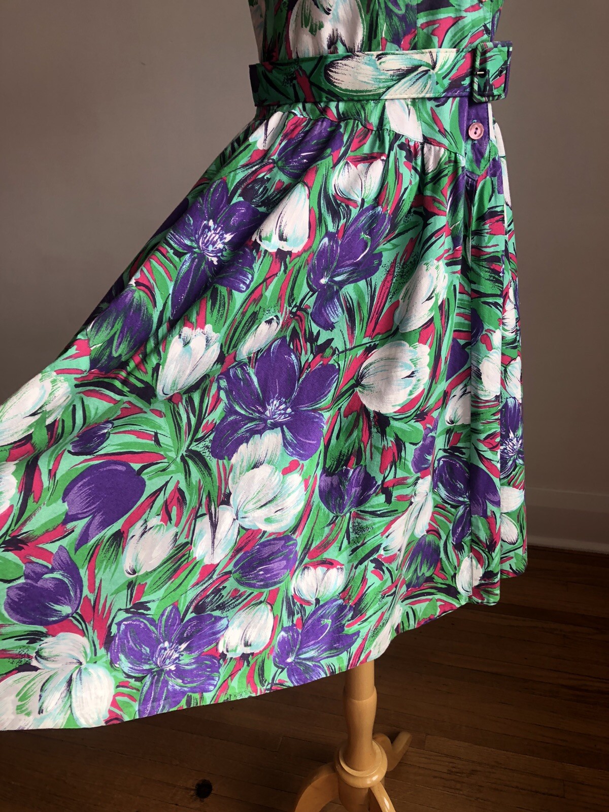 STUNNING VTG S.L. PETITES Floral 100% Cotton Belted Dress SZ XS/S
