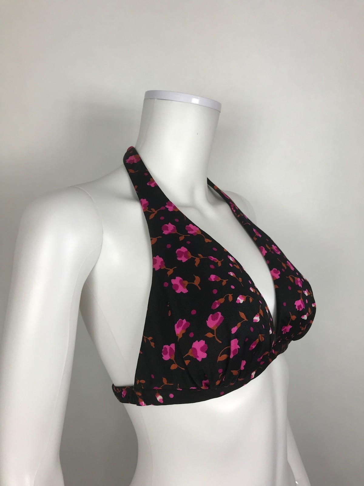 Vintage 1970s Pinup Bikini Top by High Tide size 11/12 Black Pink Floral Print