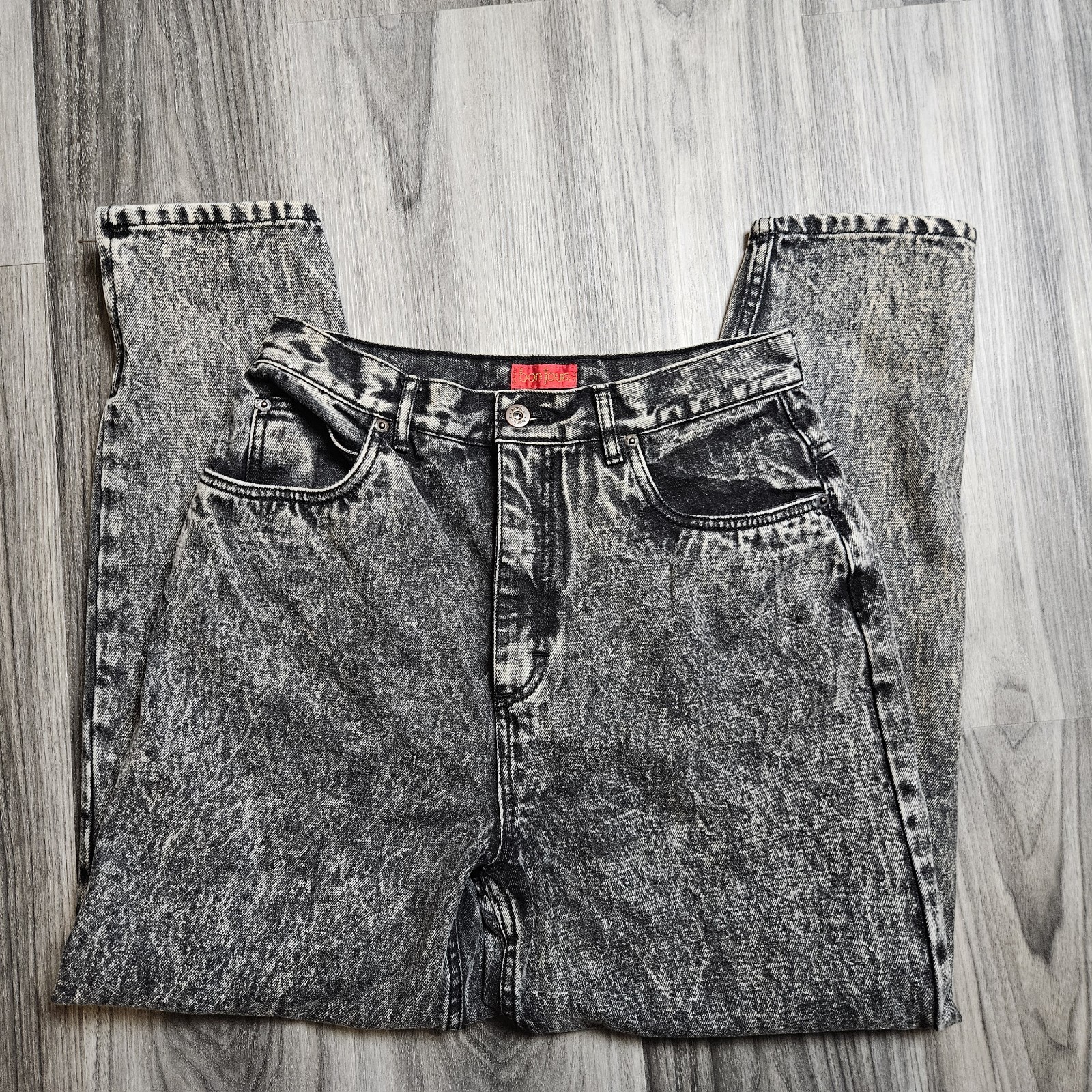 80s BON JOUR Black Acid Wash Zipper Tapered Ankles Denim High Waist Jeans 29×27″