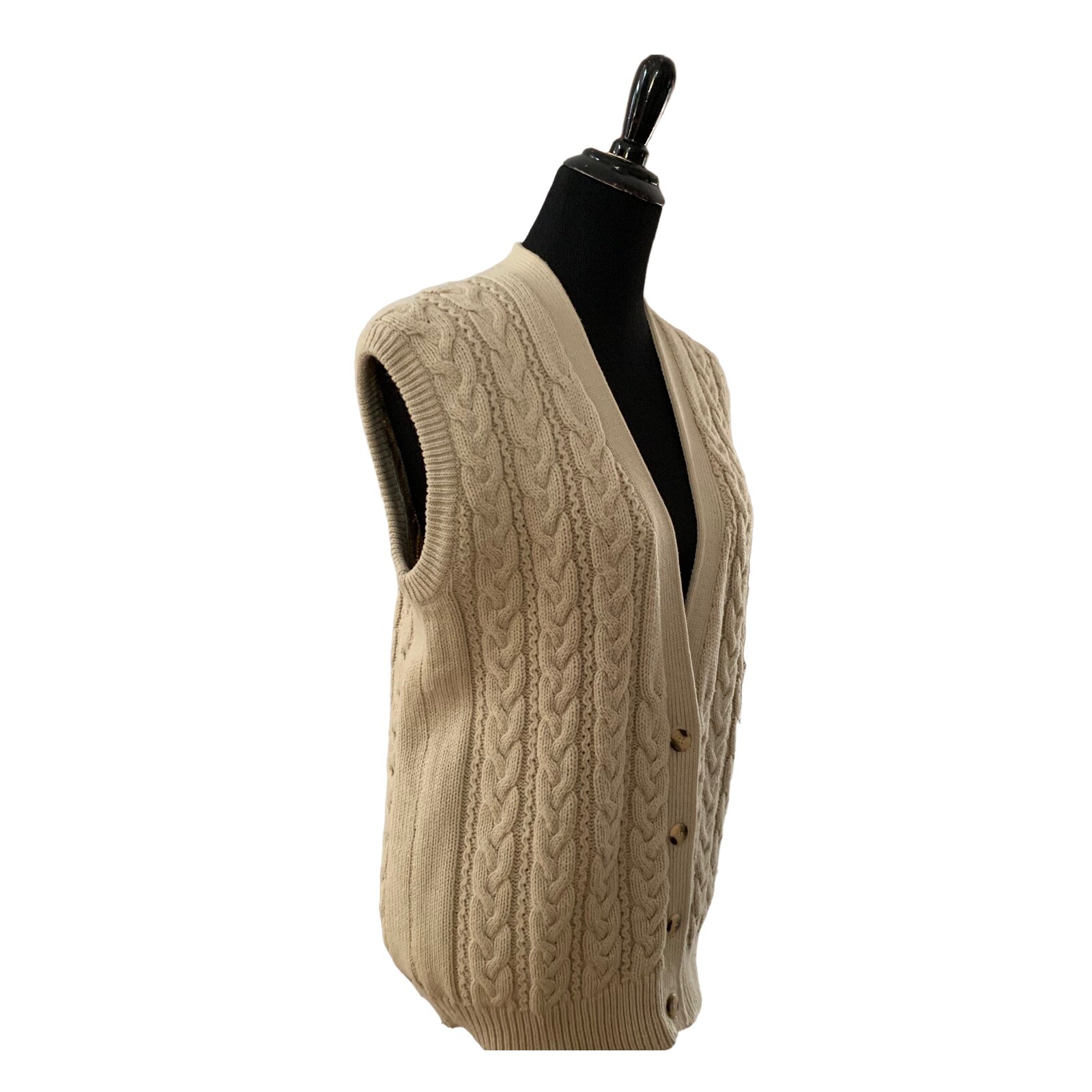 Vtg Womens Cable Knit V-Neck Sweater Vest Size M (12-14) Tan Grandma Core
