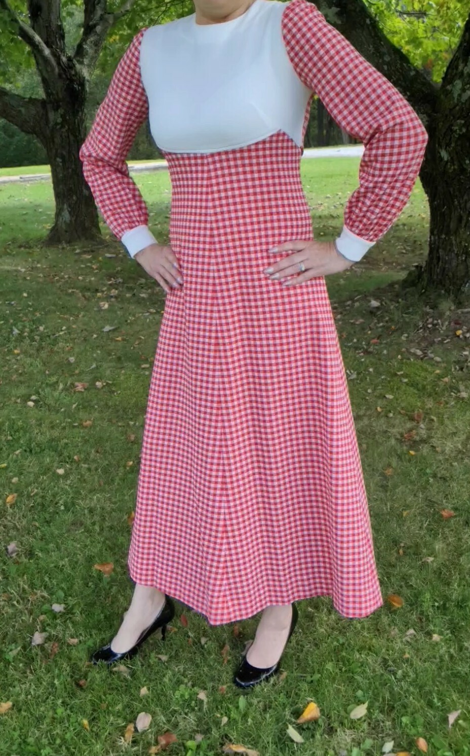 Vintage 1970s Primitive Country Cottagecore Dress Red Check Gingham Sz S