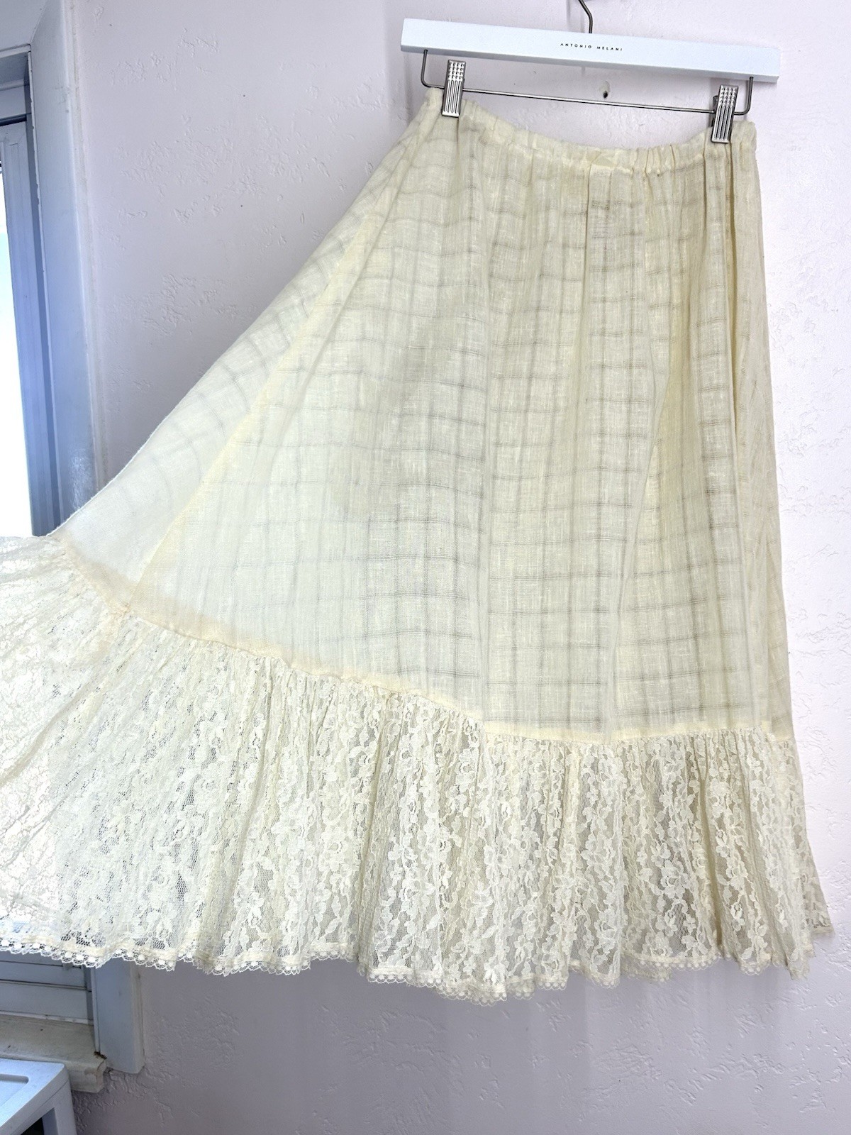 Gunne Sax 70s Vintage Semisheer Cream Lace Trim Midi Skirt Boho Cottage Prairie