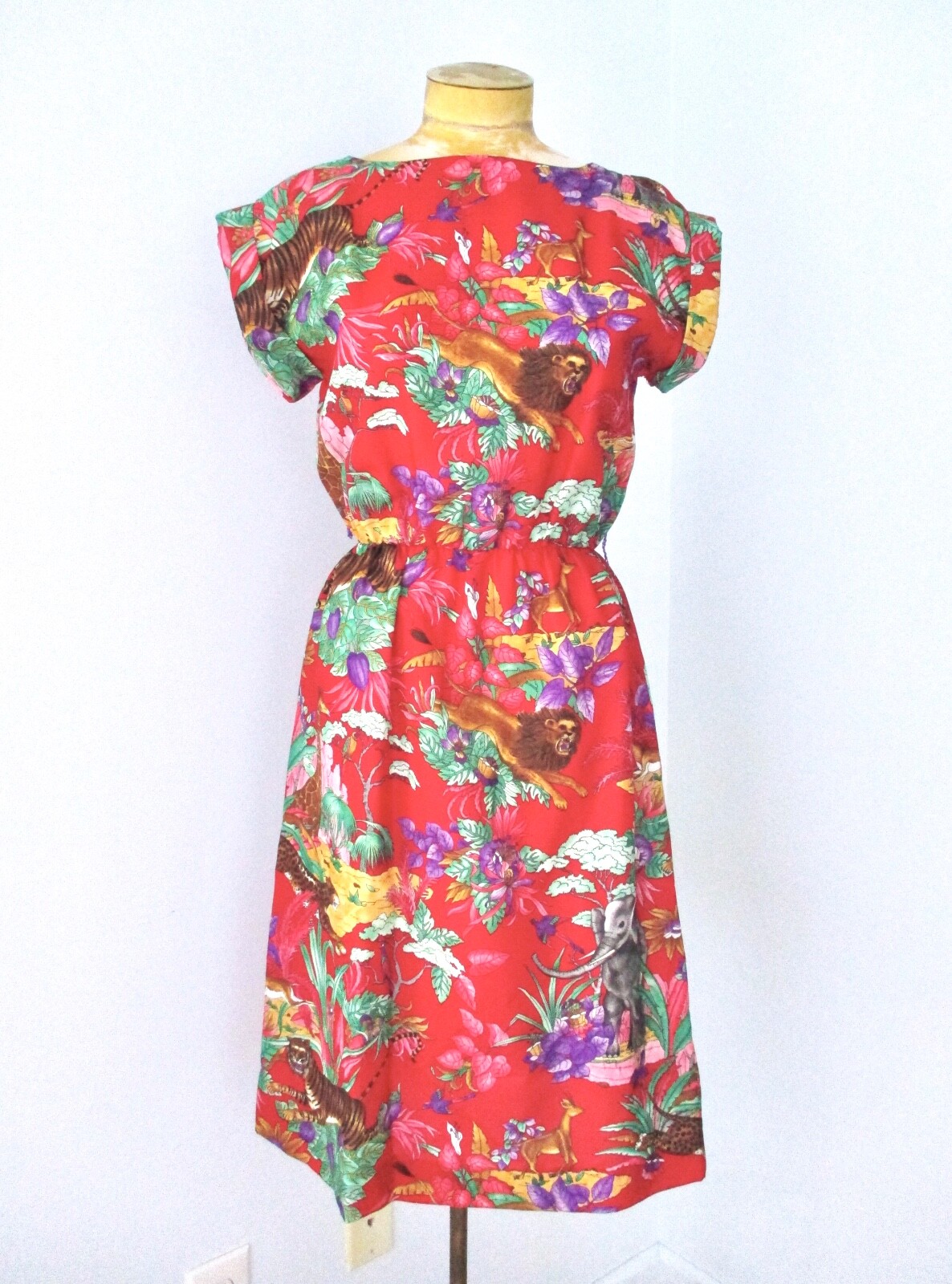 Vtg 70s 80s Colorful Red Cartoon Jungle Animals Silky Poly Secretary Dress 7