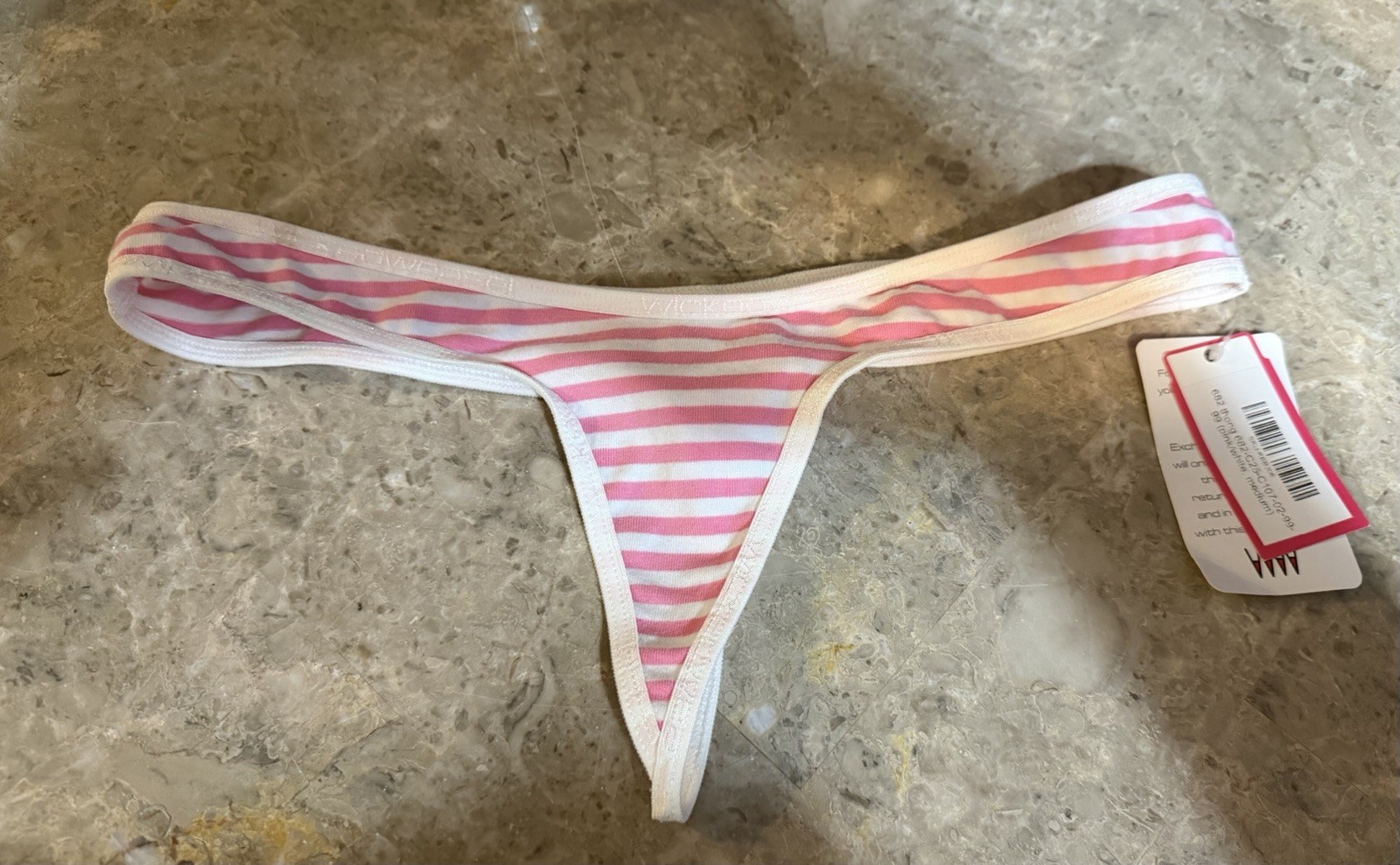 VINTAGE WICKED WEASEL THONG PANTY ! MEDIUM. PINK /WHITE STRIPED THONG !