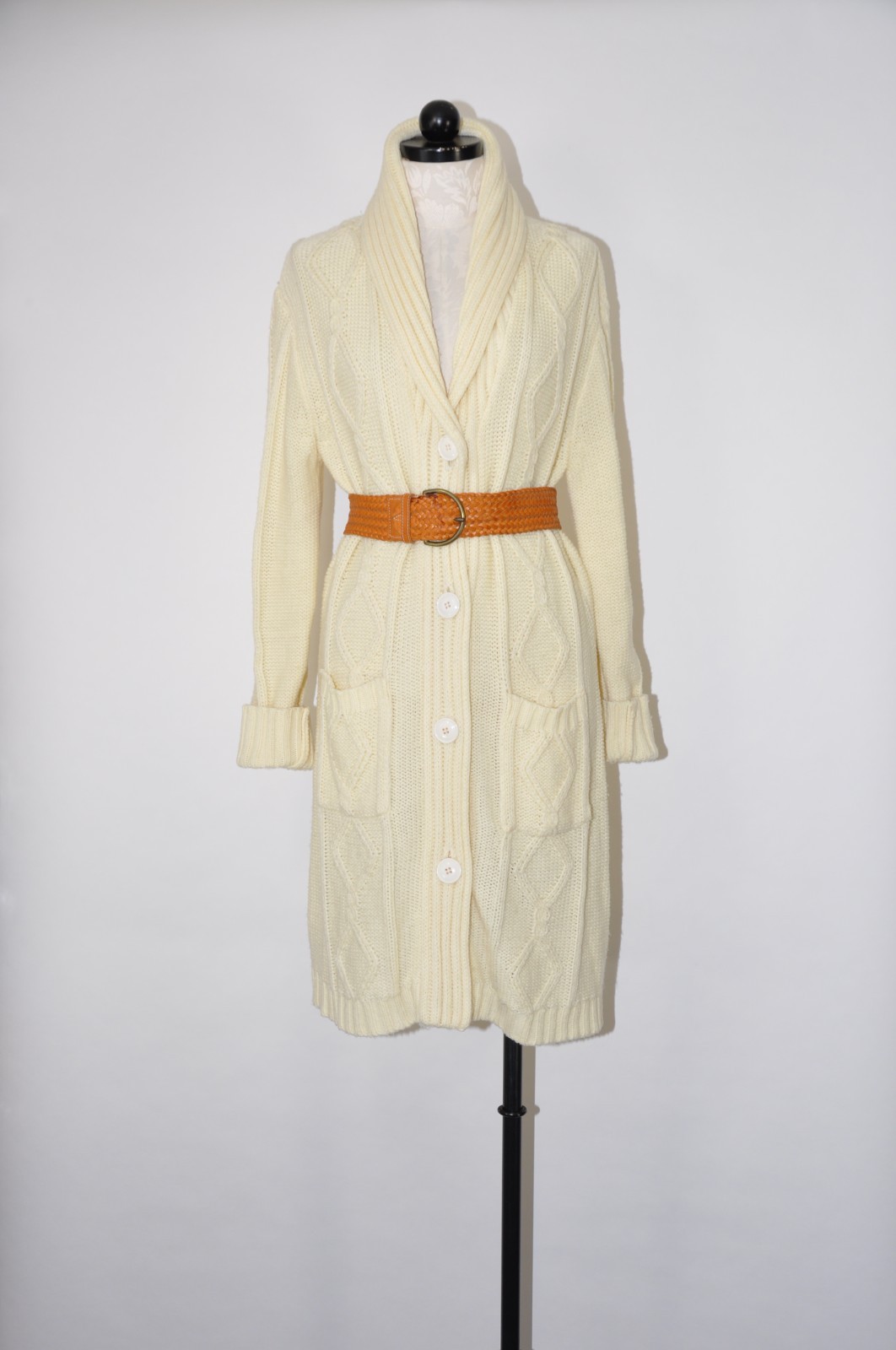 70s Cream Fisherman Cable Knit Shawl Duster Long Cardigan Sweater Coat Women M L