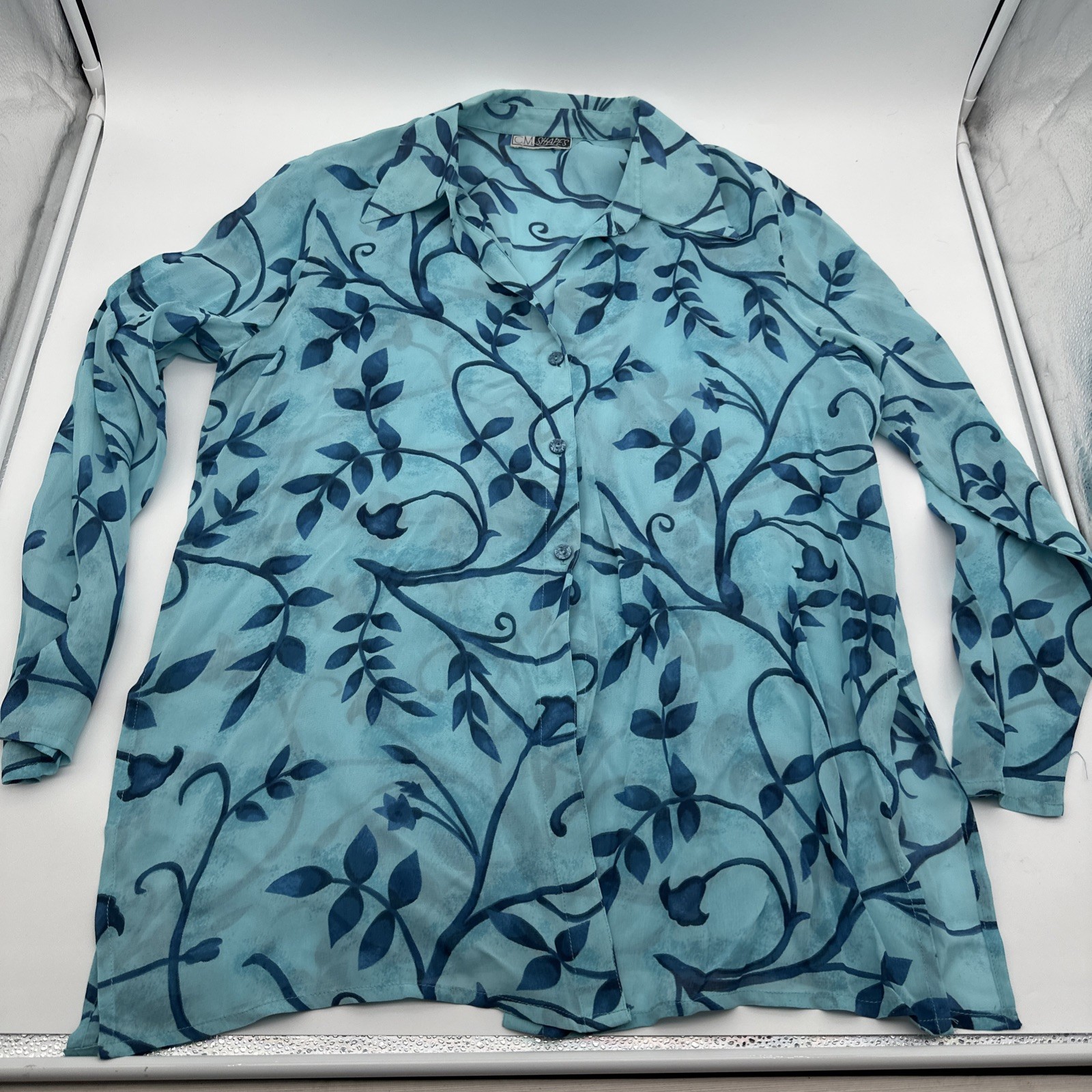 Vtg C.M Shapes Blue Floral Pattern Skirt And Button Down Sheer Top Size 14