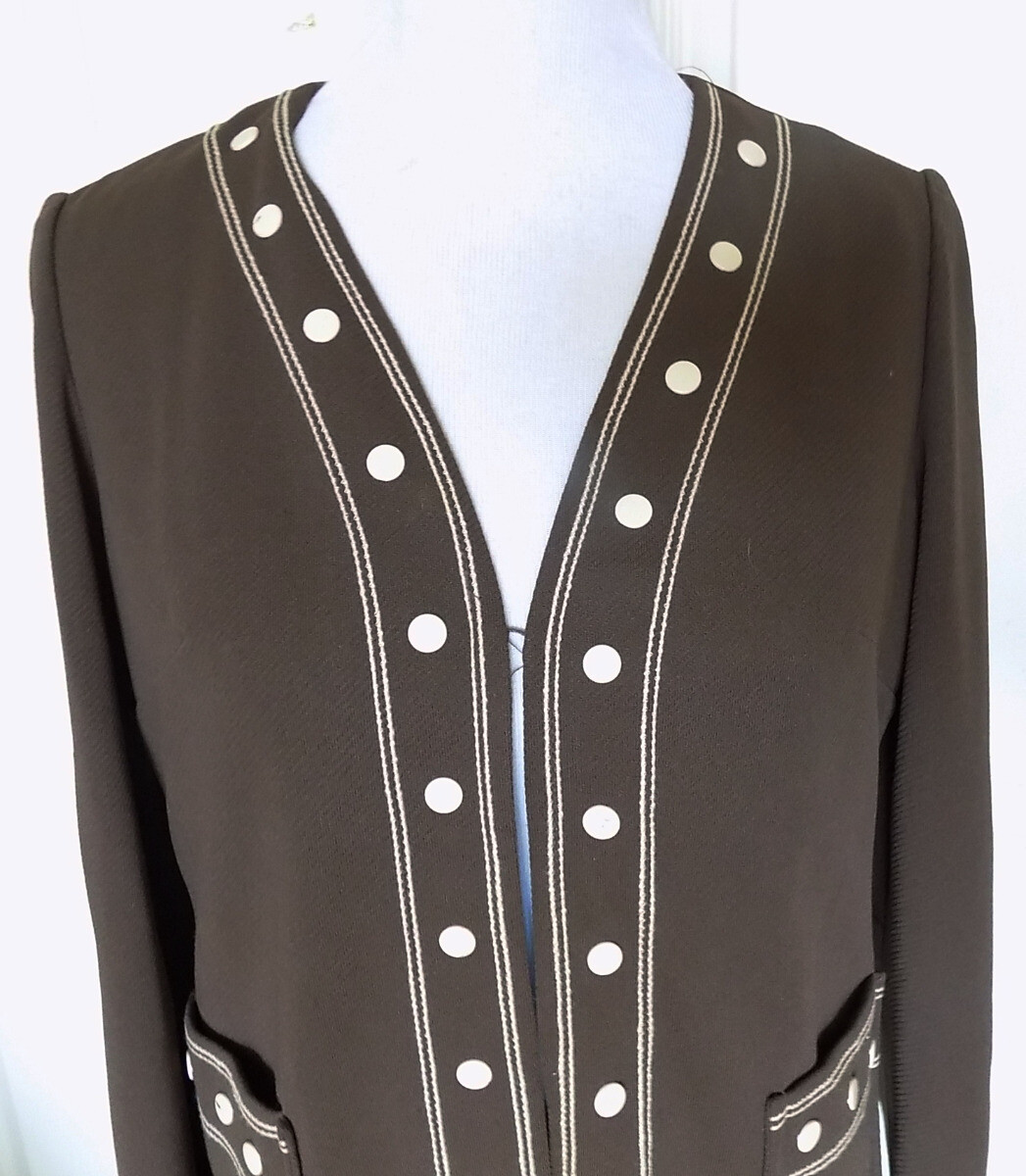 Vintage Brown Polyester Knit Jacket White Trim Judy Wayne B36