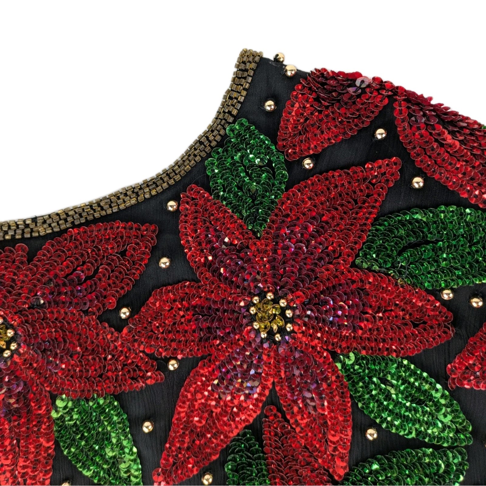 Vintage Laurence Kazar 3X Beaded Sequin Poinsettia Christmas Top Bling Evening
