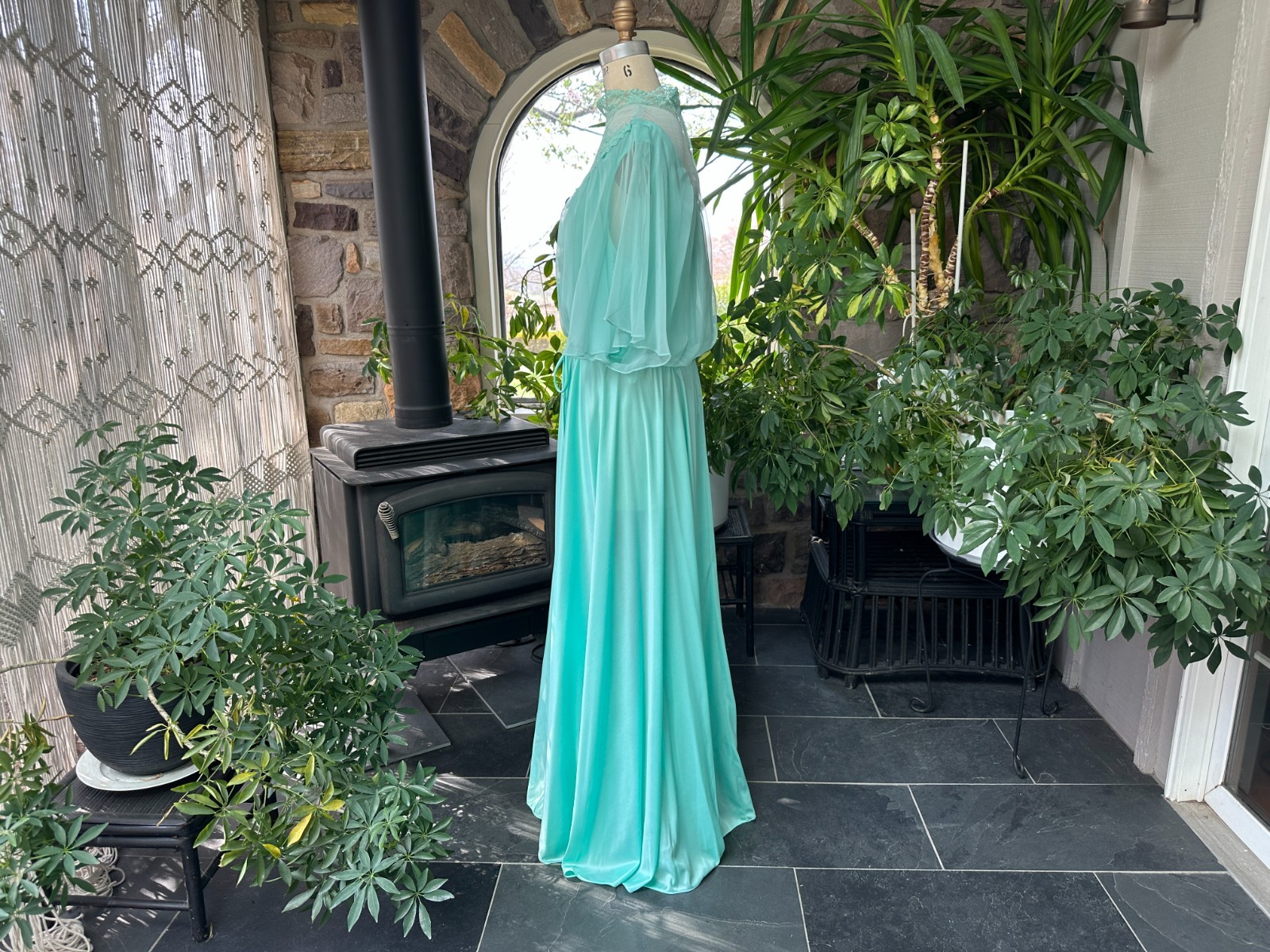 Vintage 1970s Light Green Knit and Chiffon Lace Maxi Dress