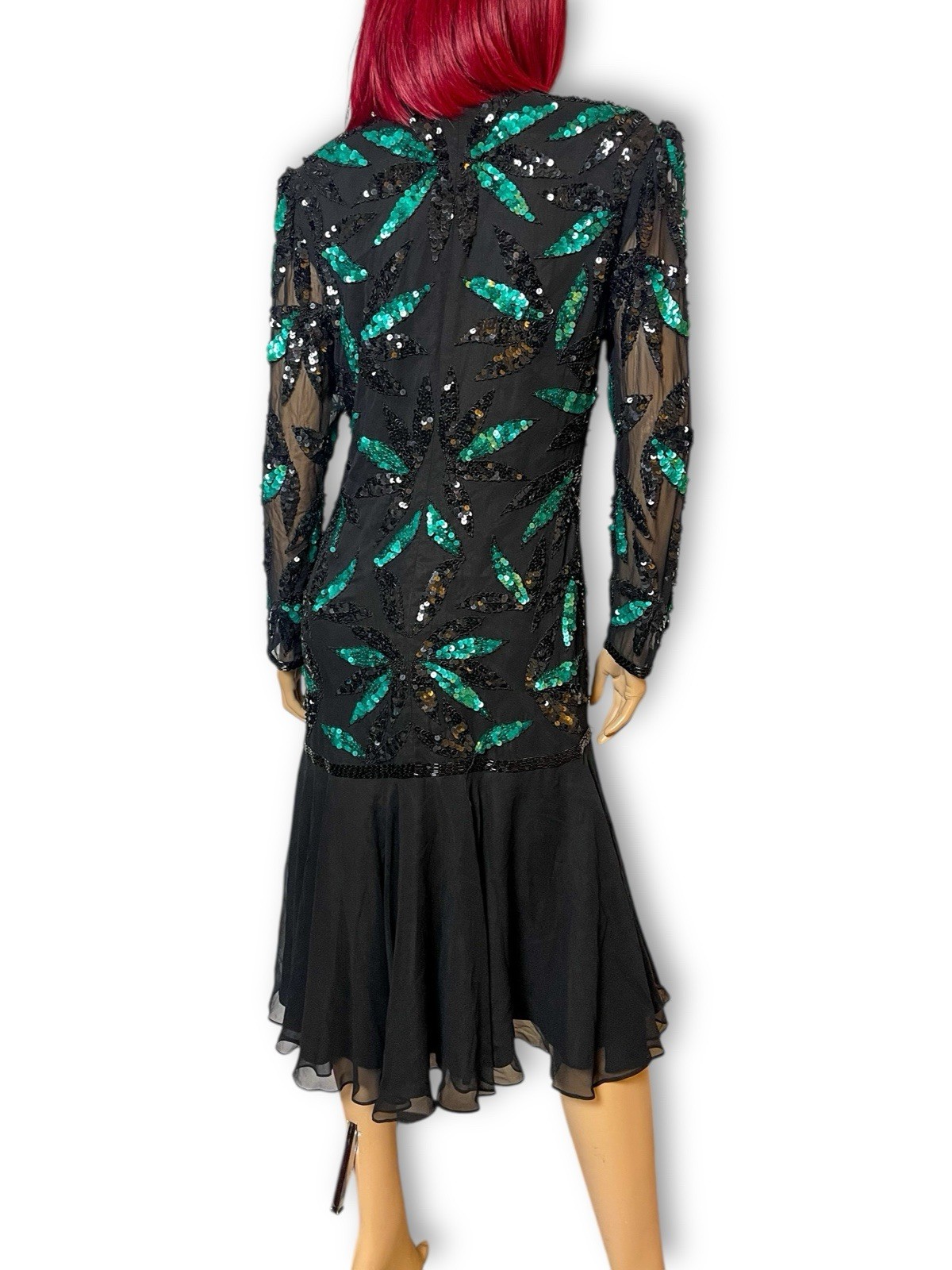 80’s Liz Elana Black and Teal Sequin Cocktail Dress Size M