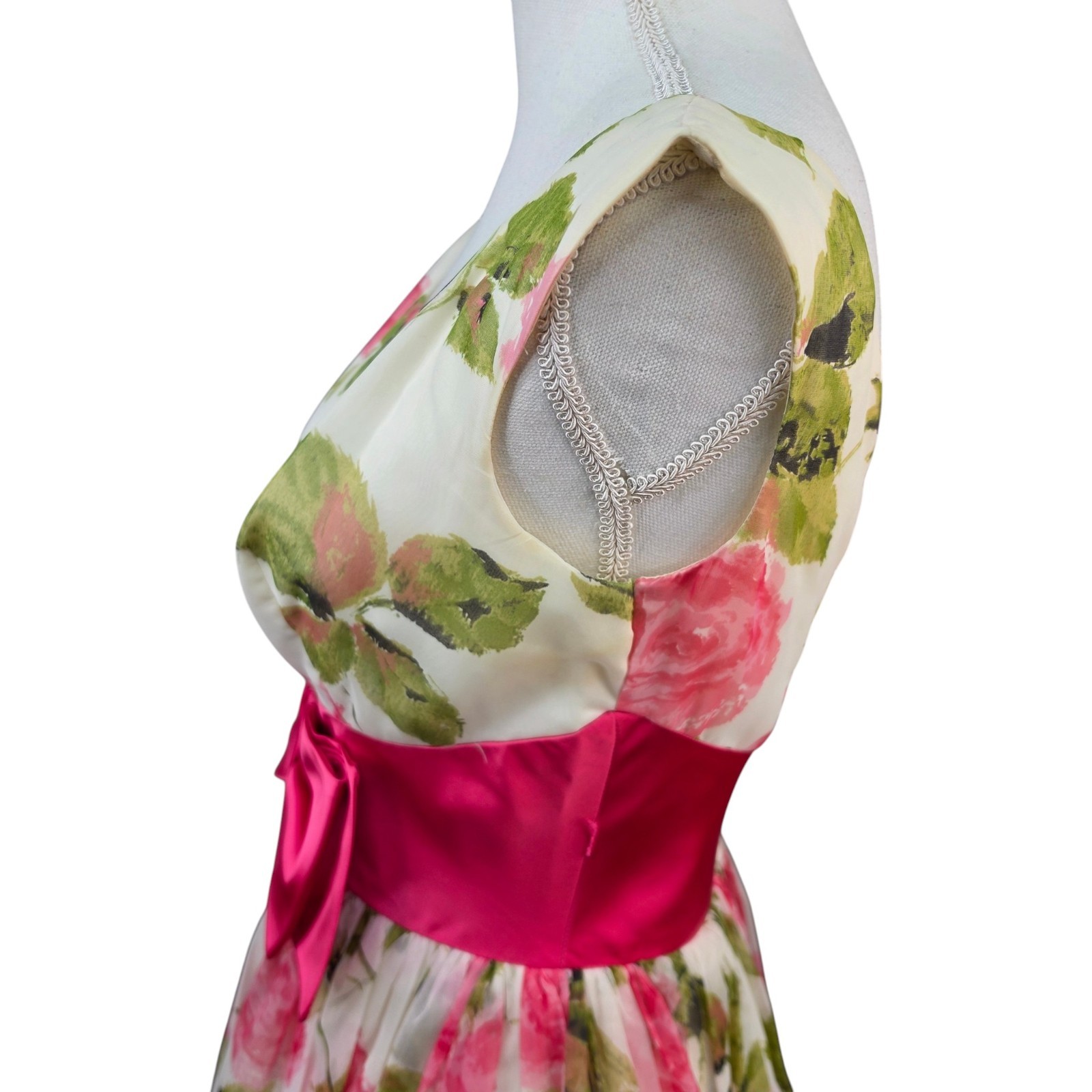 Vtg 1950-60s Floral Cocktail Party Dress Pink Bow Fit Flare Womens Small Costume