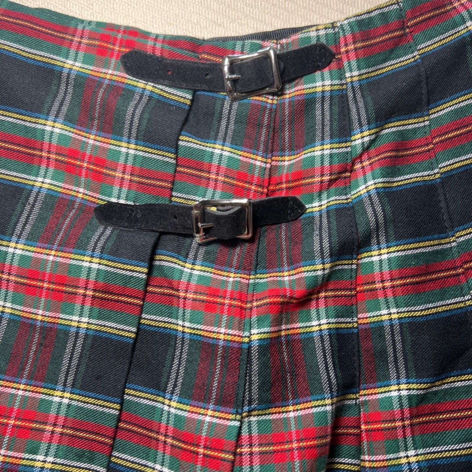 Vintage 1991 Necessary Objects Red Green Plaid Pleated Cotton Mini Skirt Size 7