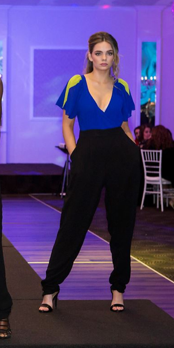 BUTTERFLY SLEEVE ONE PIECE RETRO BLUE GREEN AND BLACK CHIFFON JUMPSUIT