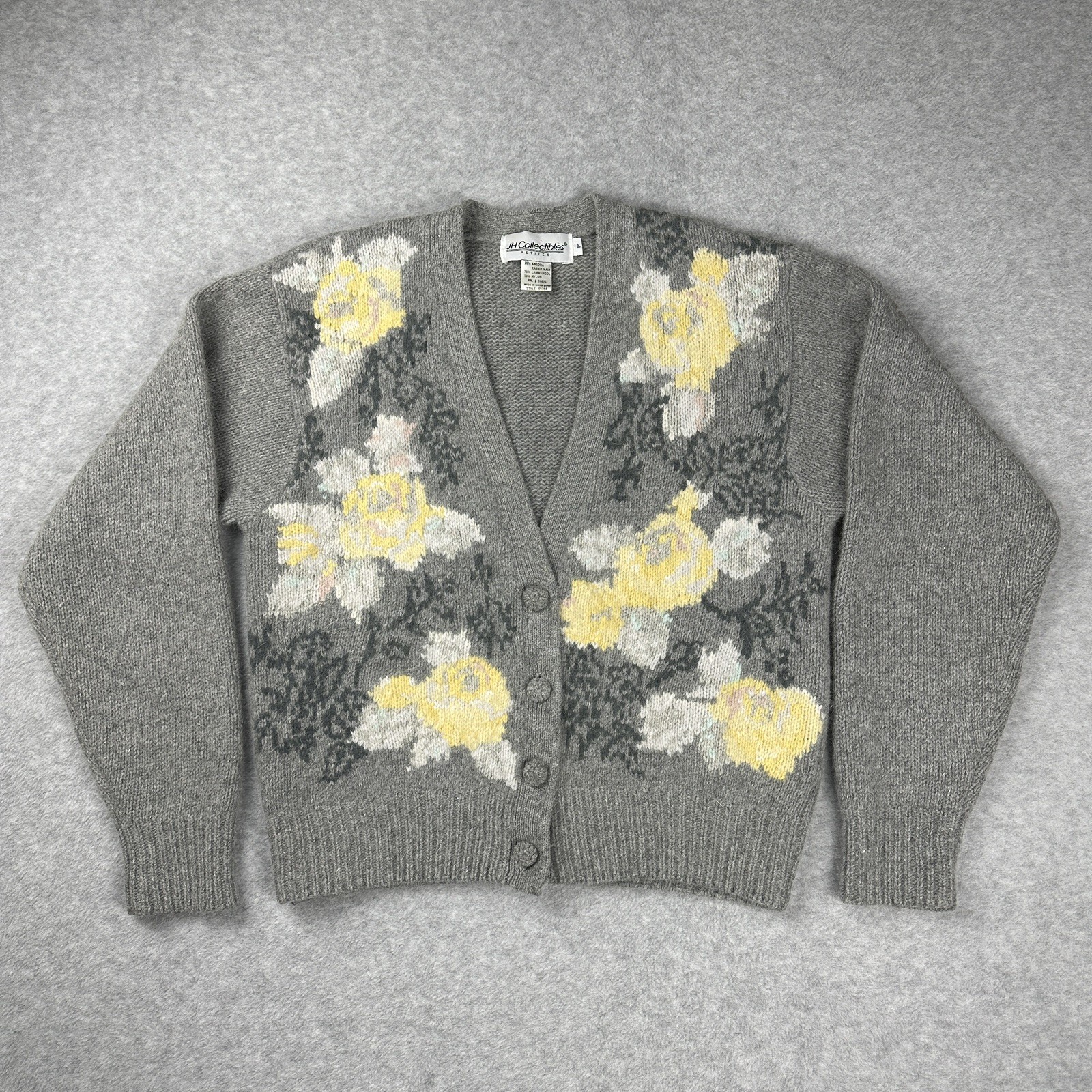 Vtg JH COLLECTIBLES Floral Cardigan Lambswool Angora Women’s Gray Size P Cottage
