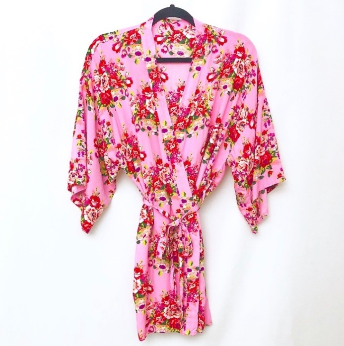 Pink OS Red Green White Floral Gold “F” Emblem Bride Bridal Wedding Bath Robe