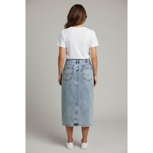 Vintage Joujou Acid Wash Denim Midi Skirt Button Front High Waist Blue 11/12