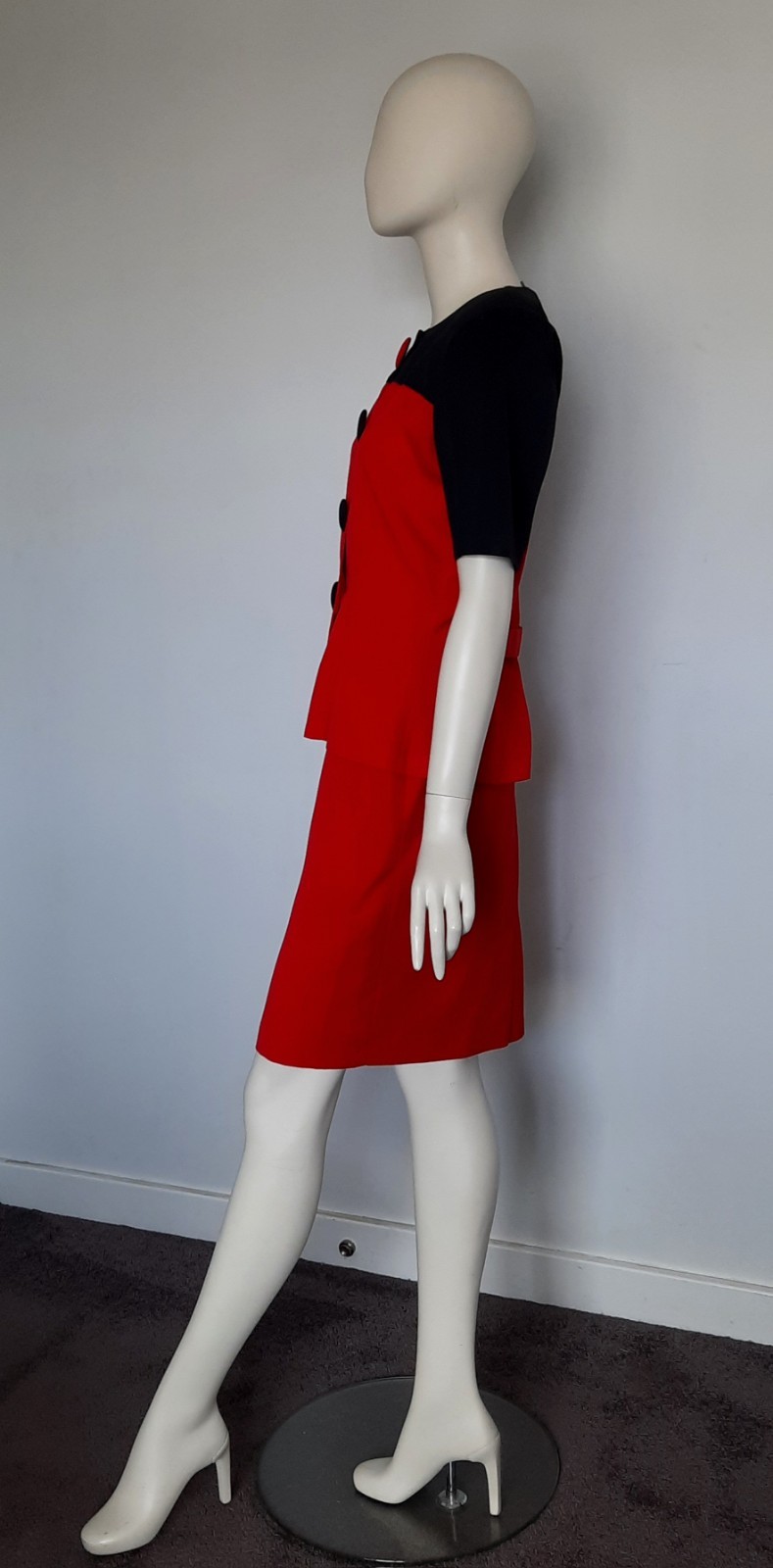 Cue Vintage Skirt Suit Womens 10 Red & Black Short Sleeve 2 Piece 1980’s