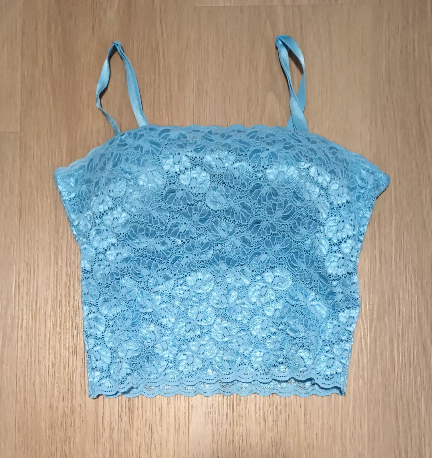 Vtg 80s LYNDA Stretchy Steel Blue Lace Padded Cami Top bustier corset 34C, S