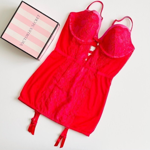 Vintage Victoria’s Secret 36D red bling studded lace teddy with garters