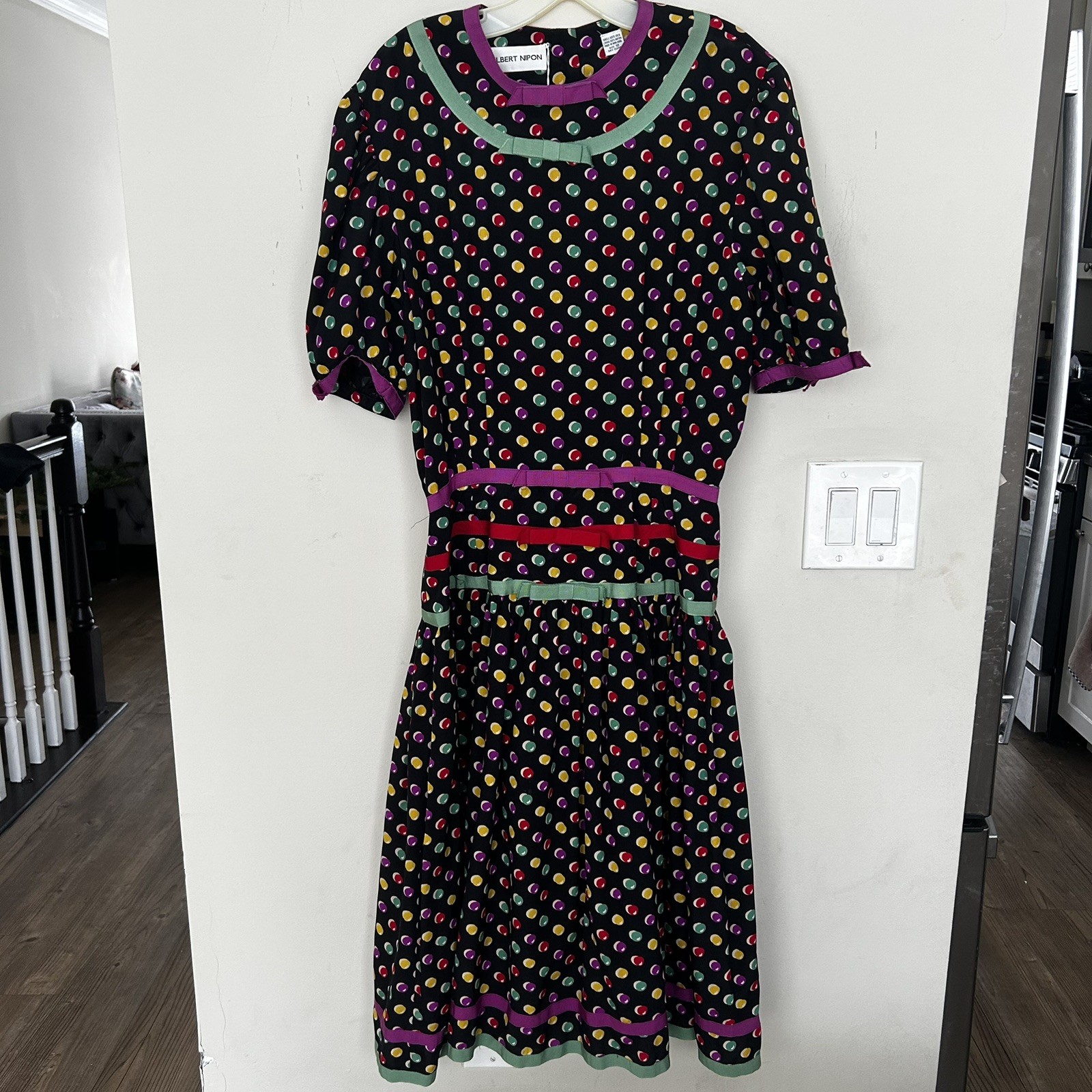 Vintage Albert Nipon Black Dress Colorful polka Dots back buttons.Size 12.