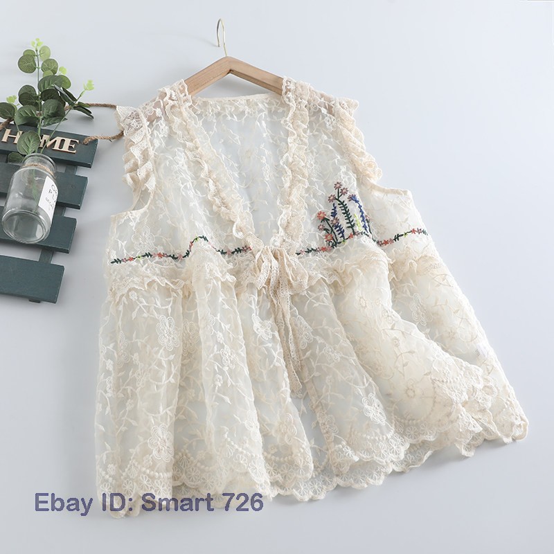 Lace Vest Women’s Loose Transparent Large Size Gilet Waistcoats Cotton Linen NEW