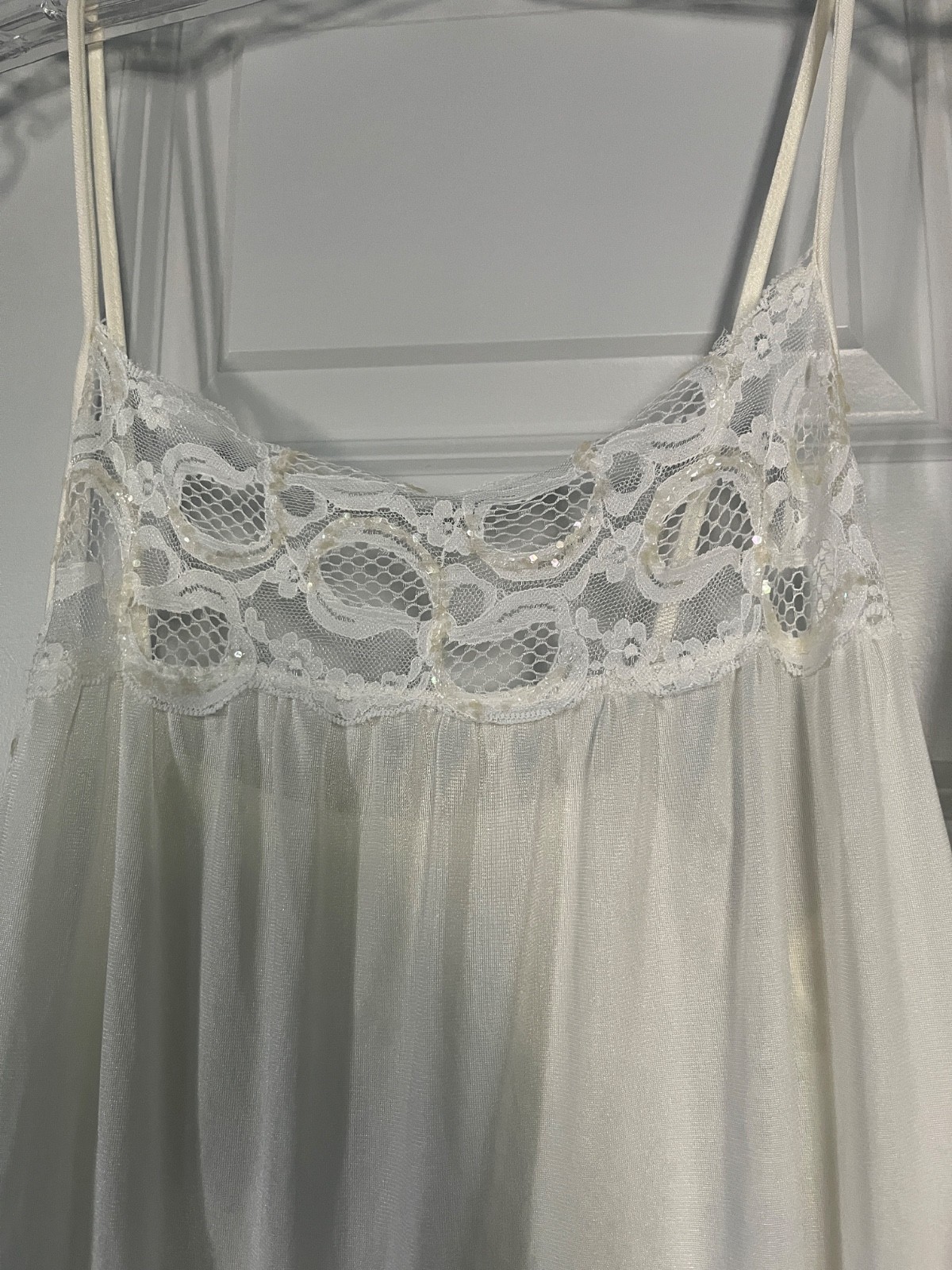 Vtg Suzy Star Boutique WHITE With Sequin Nylon PEIGNOIR Robe/Nightgown Set Large