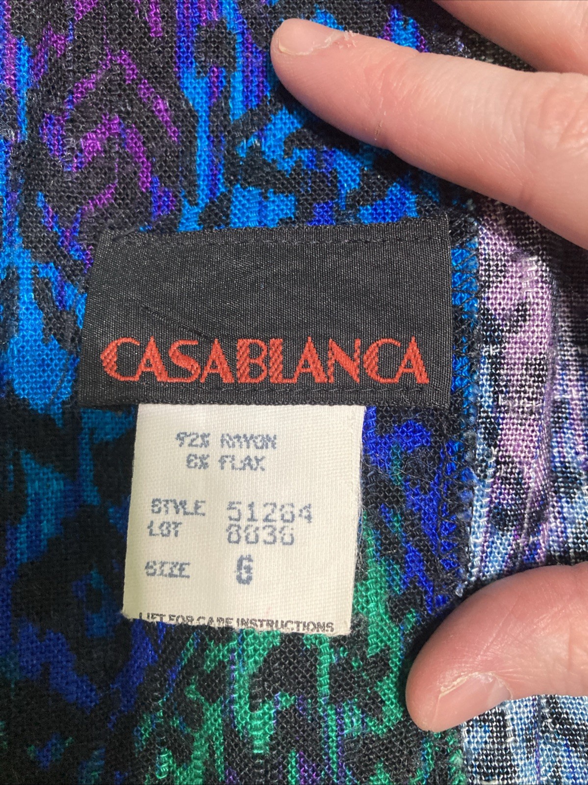 VTG 80s Casablanca Abstract Blazer Jacket Womens 6 Rayon Flax Blue Purple Green