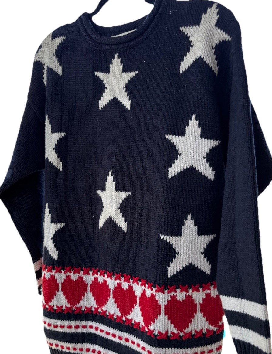 Claudia D. Star Heart Knit Sweater Womens L Navy Blue Good Vintage Americana