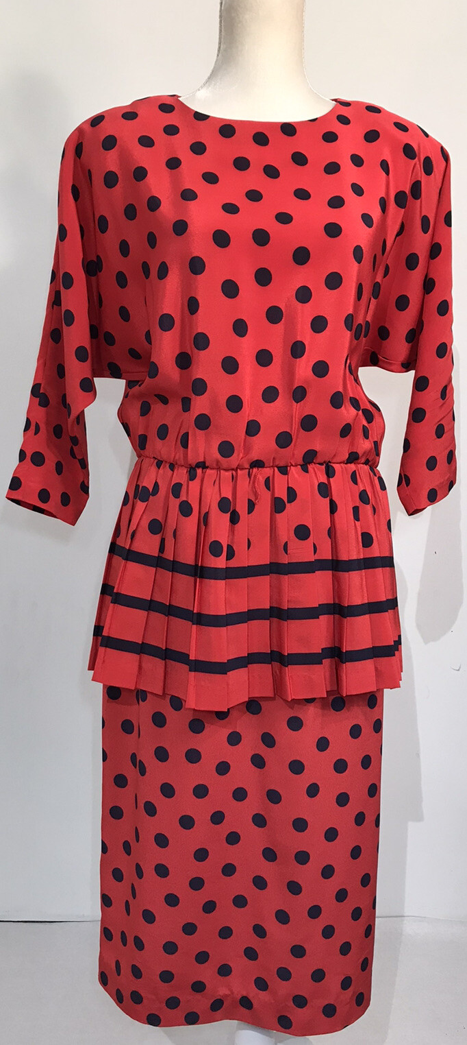 Vintage Blake Elizabeth Red Navy Blue Polka Dot Peplum Skirt Set Women’s Size 10
