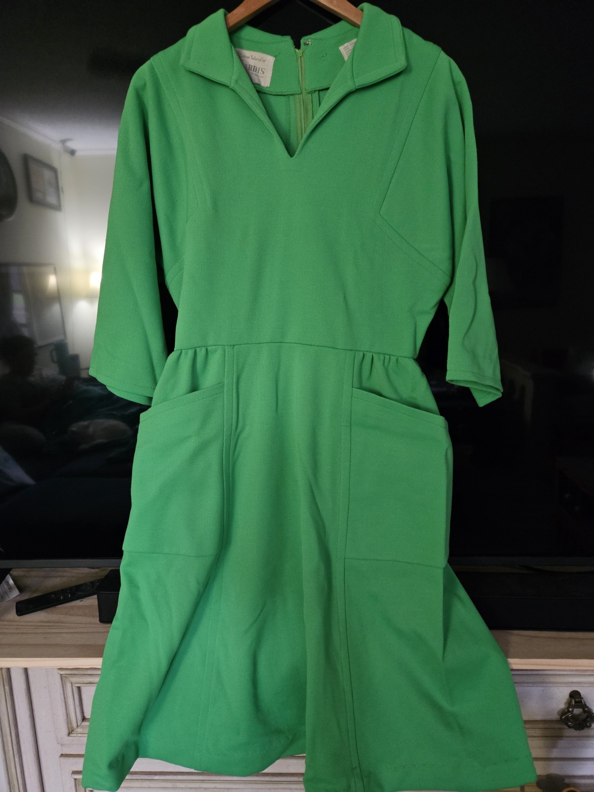Vintage Nardis of Dallas Green Dress 3/4 Sleeve Dress 42″ SIZE Med Large