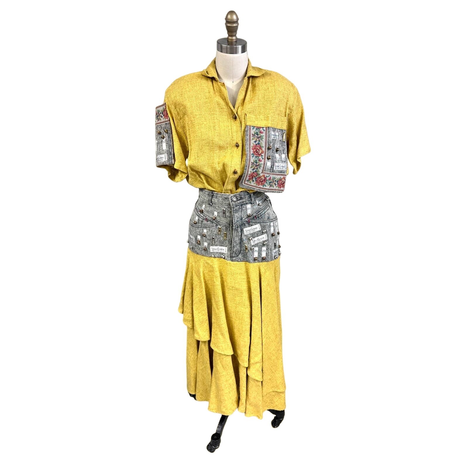 Vera Cristina NY VTG 1980s Skirt & Top Set Yellow Linen Gray Denim Beaded Sz M