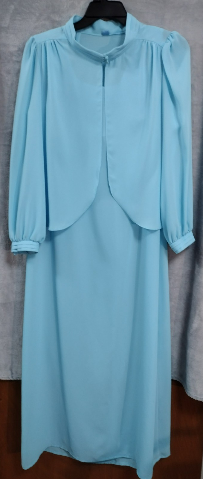 Vtg 70s Ice Blue Maxi Dress 16 1/2 Sheer Cardigan Jacket Made USA Formal Wedding