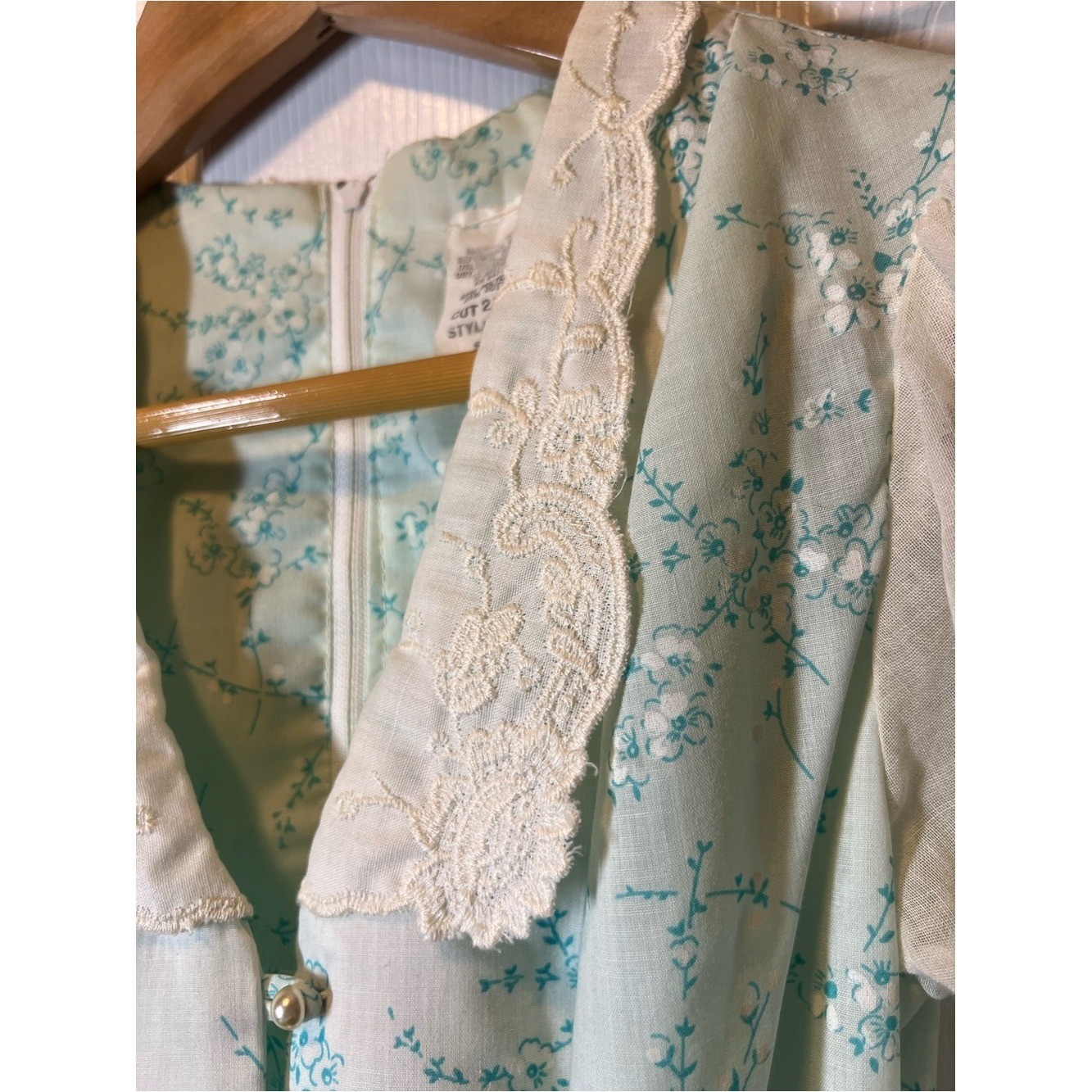 Vintage Prairie Blue Floral Lace Trim Tie-Back Midi Dress Cottage Feminine Sz 3