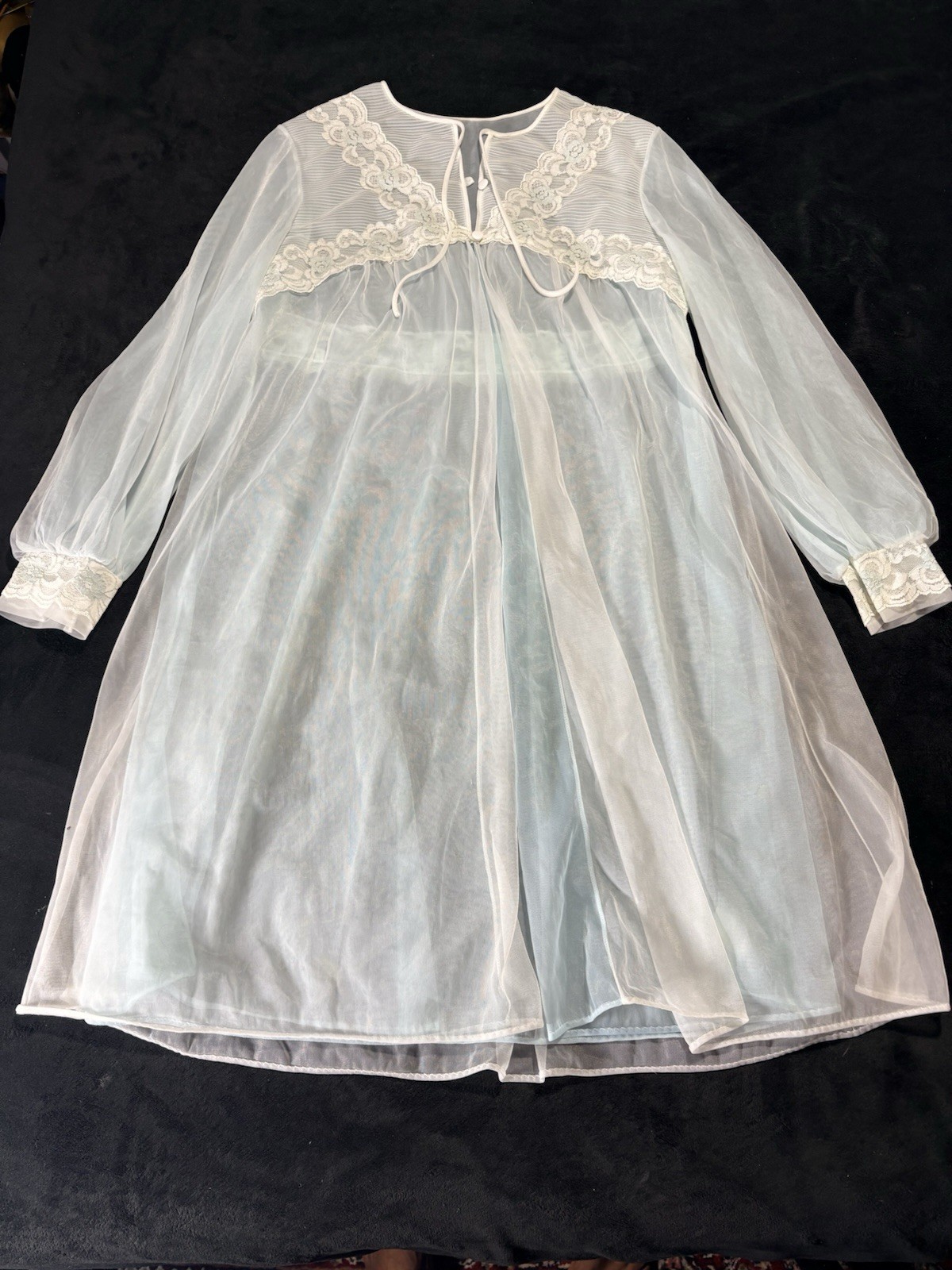 Vintage Sears Roebuck Charmode Chiffon Lace Trim Robe Medium Peignoir Sheer Blue