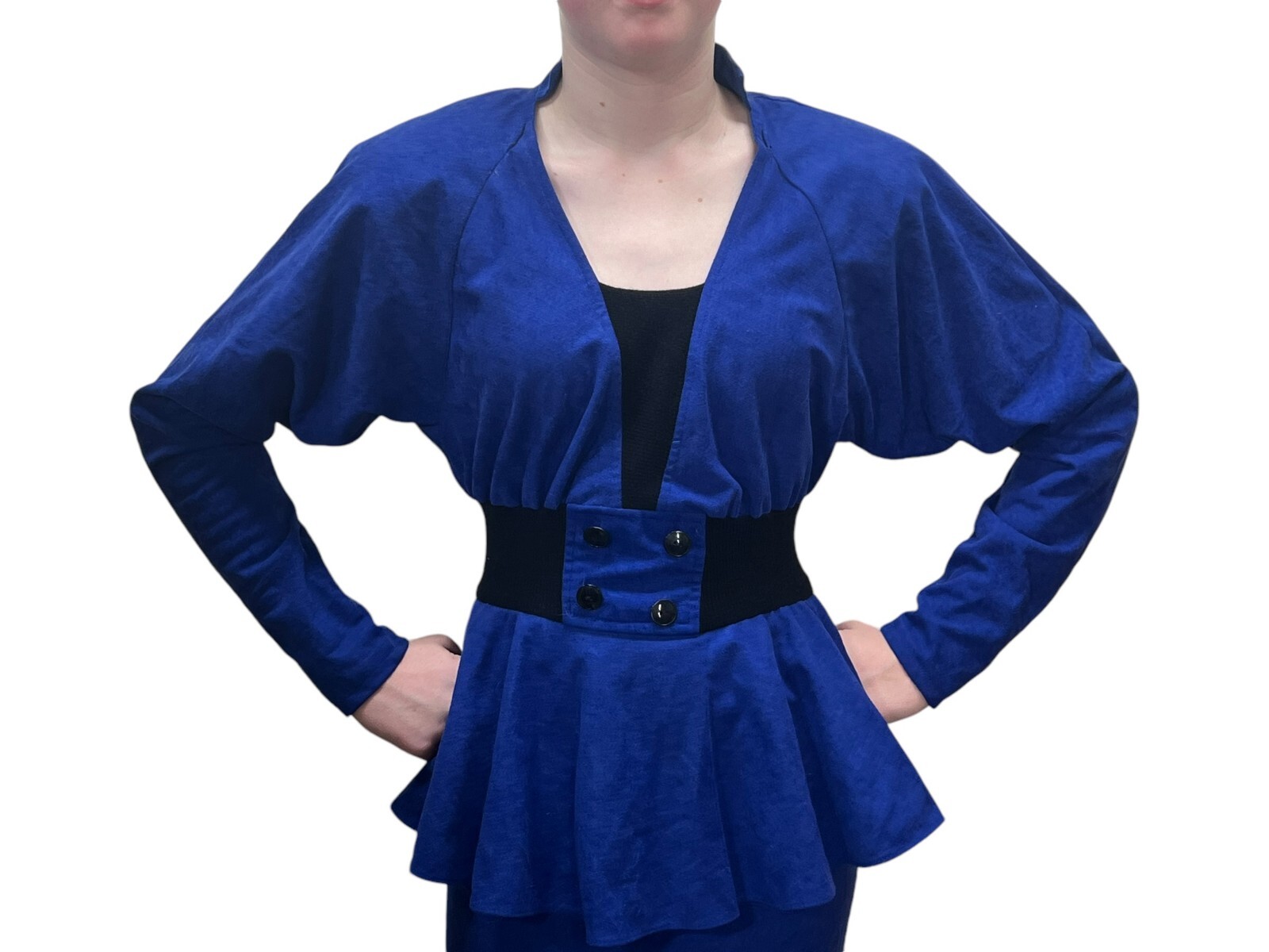 XS~S Vtg 80s Sz 3/4 Blue Velour Dress Peplum Pencil Skirt Dolman Sleeve T Junior