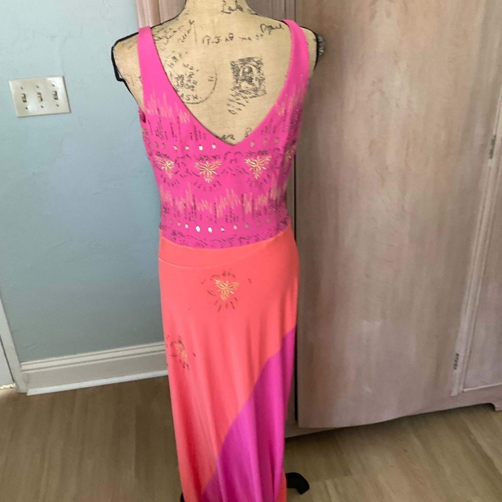Vtg 90s Y2K Christyne Forti pink orange Gold Beaded embellished bias maxi dress