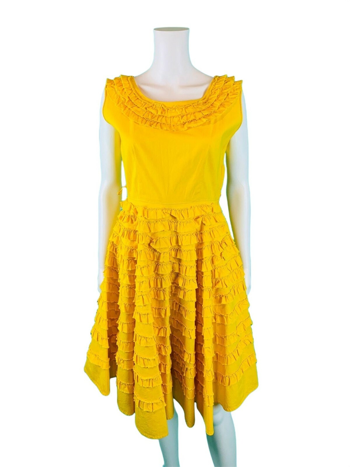 Vintage 1950s Ruffle Sun Dress Bright Yellow Party W 27″