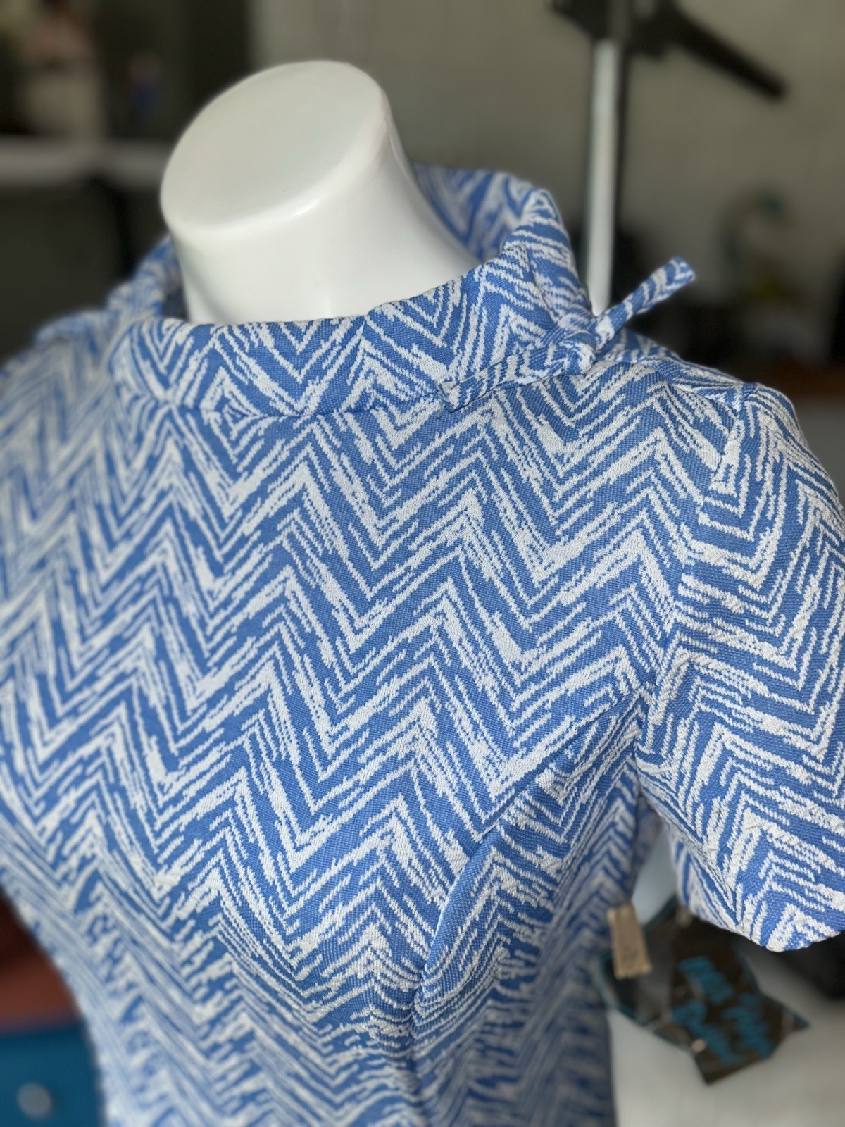 Vintage Double Knit Polyester Dress NOS Blue White Chevron Mod 60S Shift A-line