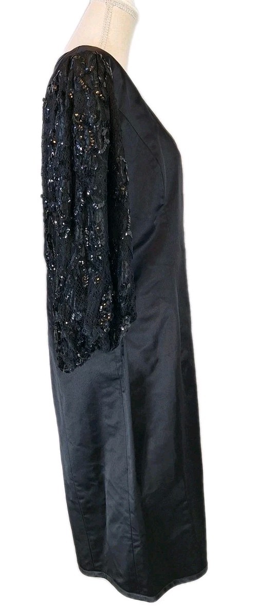 VTG BOB EVANS 100% Silk Sheath Cocktail Dress Sequin & Lace Balloon Sleeve Black