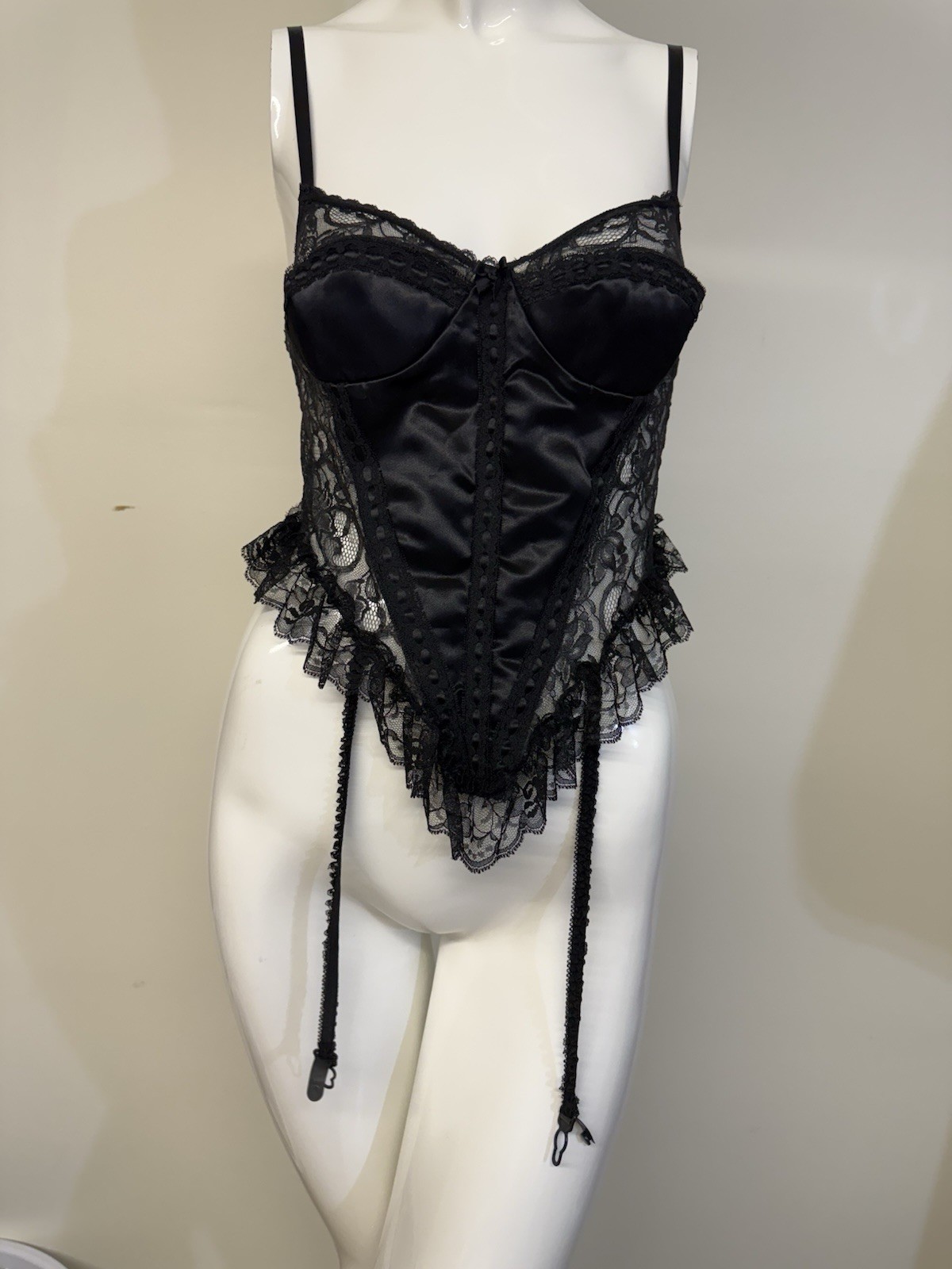 Vintage Intimo Amore Black Lace Bustier Satin Corset Top Lingerie Garter Sz Medi