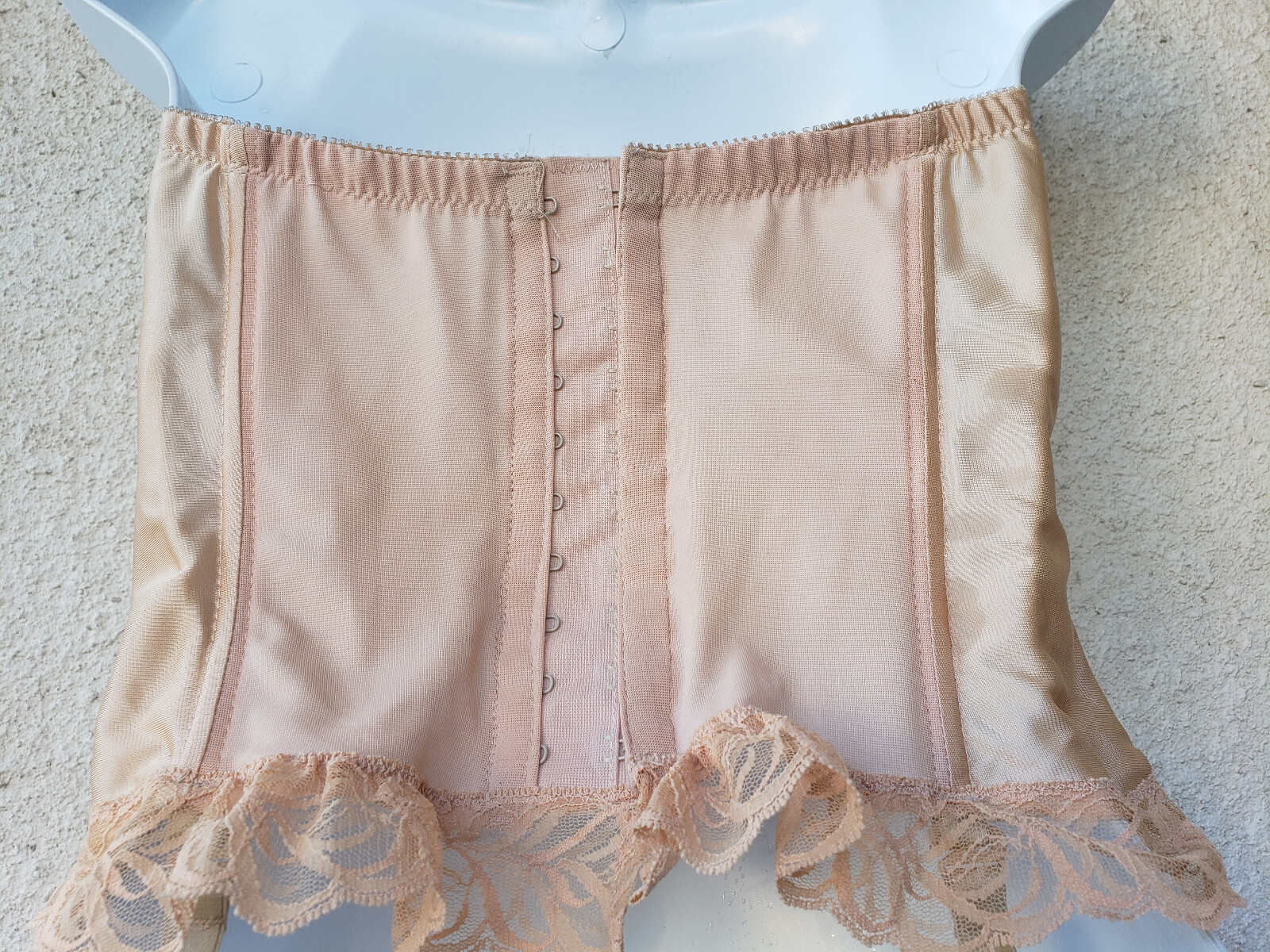 Vintage 80s Glydons Satin Lace Bustier Corset Garters Peach Merry Widow Bra 32